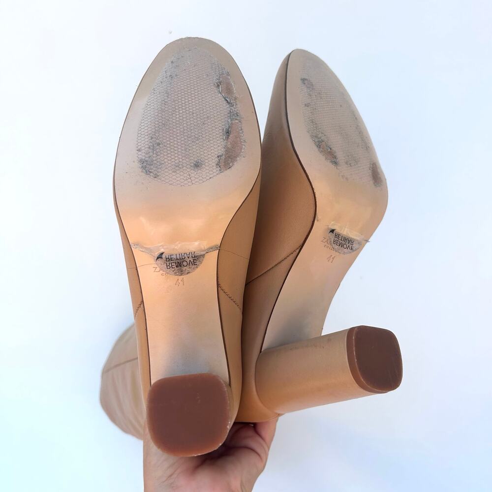 Zara Leather Knee-High Tall Chunky Heel Boots Camel Tan 41 Size 11 - Picture 3 of 9